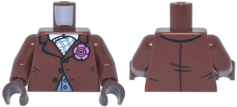 Torso Suit Jacket with Buttons and Dark Pink Flower over Sand Blue Vest, White Shirt Collar and Plaid Ascot Pattern / Reddish Brown Arms / Umber Hands