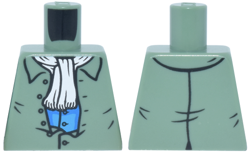 Torso Shirt Partially Open with Buttons over Blue and Dark Azure Vest, White Scarf with Fringe Pattern