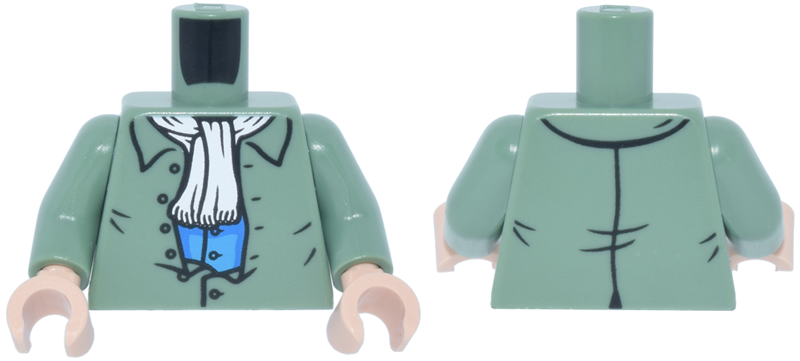 Torso Shirt Partially Open with Buttons over Blue and Dark Azure Vest, White Scarf with Fringe Pattern / Sand Green Arms / Light Nougat Hands