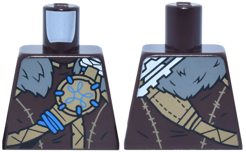 Torso Leather Armor, Dark Tan Straps and Emblem with Blue Wrap, Dark Bluish Gray Fur Collar, White Shoulder Plates Pattern