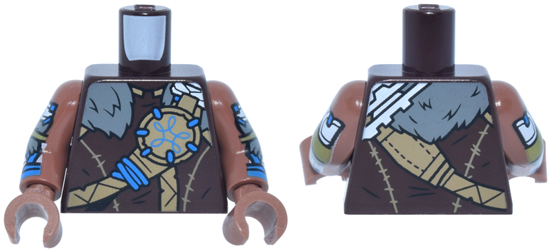 Torso Leather Armor, Dark Tan Straps and Emblem with Blue Wrap, Dark Bluish Gray Fur Collar, White Shoulder Plates Pattern / Medium Brown Arms with Armor Plates, Wrappings, Fur Trim Pattern / Medium Brown Hands