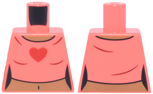 Torso Female Crop Top T-Shirt with Red Heart, Medium Nougat Neck and Stomach with Navel Pattern