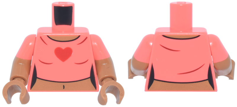 Torso Female Crop Top T-Shirt with Red Heart, Medium Nougat Neck and Stomach with Navel Pattern / Medium Nougat Arms with Molded Coral Short Sleeves Pattern / Medium Nougat Hands