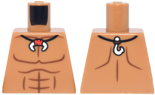 Torso Bare Chest with Reddish Brown Muscles Outline, Black String Necklace with White Tusk and Fish Hook Pattern