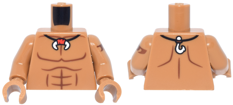 Torso Bare Chest with Reddish Brown Muscles Outline, Black String Necklace with White Tusk and Fish Hook Pattern / Medium Nougat Arm Left with Reddish Brown Wave Tattoo Pattern / Medium Nougat Arm Right / Medium Nougat Hands