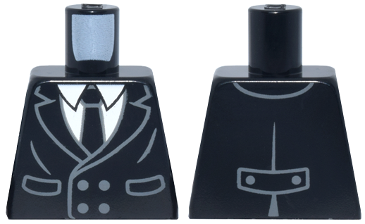 Torso Suit Jacket Double Breasted with Pockets and Dark Bluish Gray Buttons over White Shirt with Collar and Tie Pattern