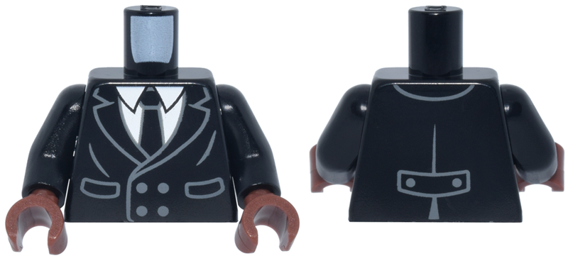 Torso Suit Jacket Double Breasted with Pockets and Dark Bluish Gray Buttons over White Shirt with Collar and Tie Pattern / Black Arms / Reddish Brown Hands