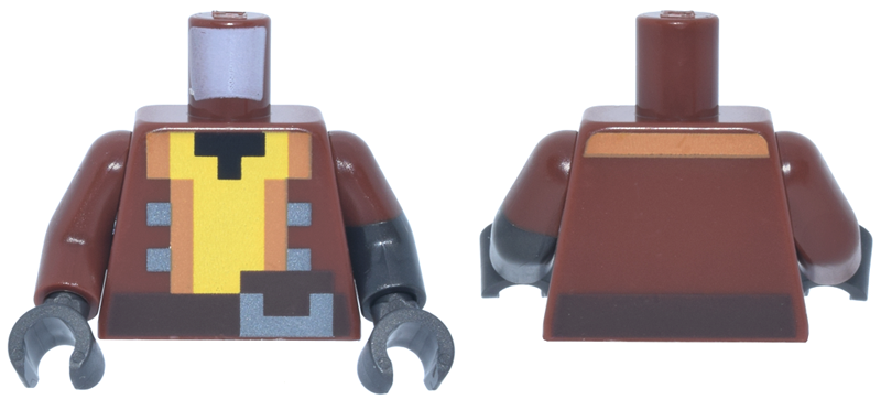 Torso Pixelated Jacket Open, Medium Nougat Trim, Dark Silver Buttons, Yellow Shirt, Dark Brown Belt, Black Neck Pattern / Pearl Dark Gray Arm Left with Reddish Brown Molded Short Sleeve Pattern / Reddish Brown Arm Right / Pearl Dark Gray Hands