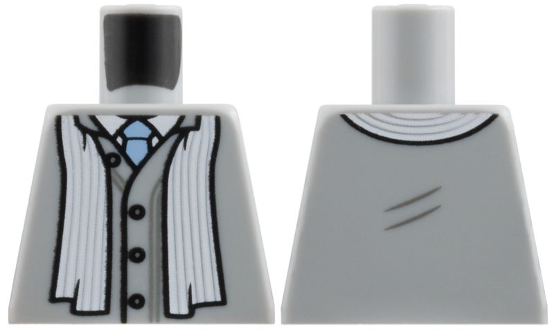 Torso Cardigan Sweater with Black Buttons, Striped Scarf, White Shirt, Bright Light Blue Tie Pattern