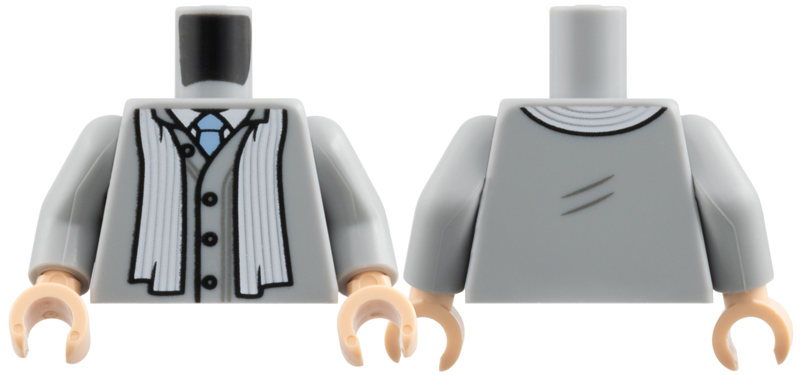 Torso Cardigan Sweater with Black Buttons, Striped Scarf, White Shirt, Bright Light Blue Tie Pattern / Light Bluish Gray Arms / Light Nougat Hands