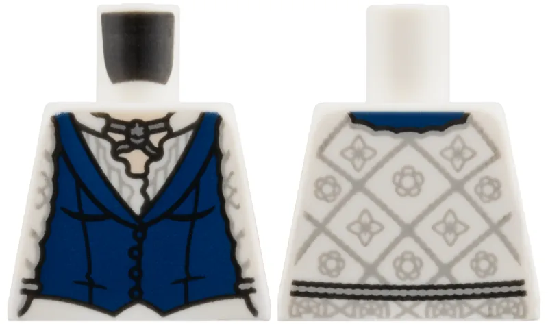 Torso Female Dark Blue Vest, White Blouse with Light Bluish Gray Squares and Flowers, Light Nougat Neck Pattern