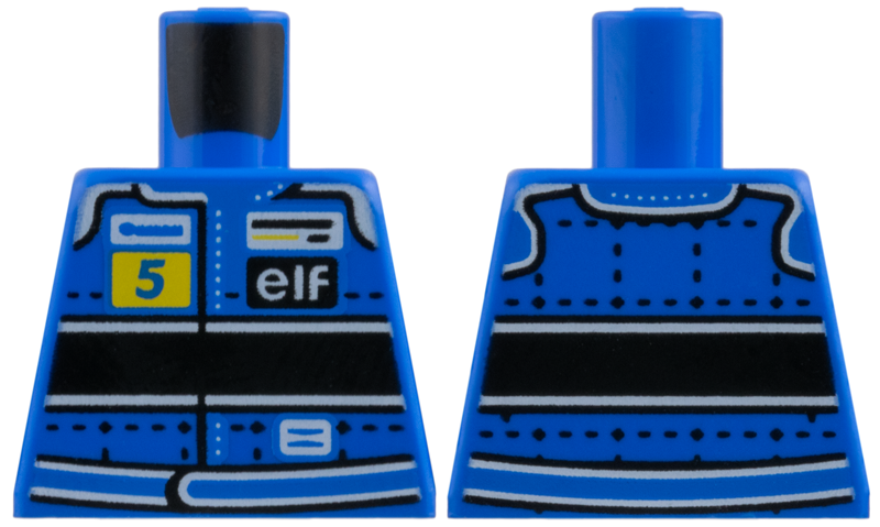 Torso Racing Suit with Black Stitching in Grid, Thick Horizontal Stripe, Number 5 on Yellow Background, Elf Logo and Belt Pattern