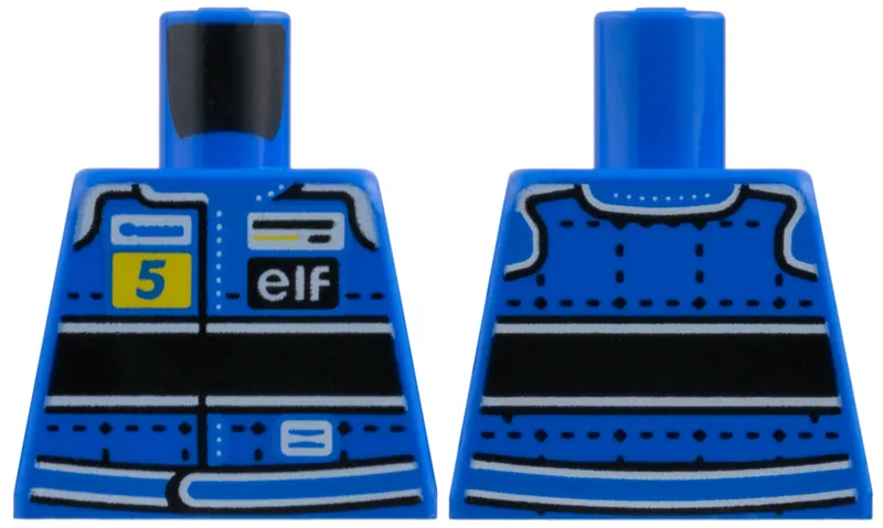 Torso Racing Suit with Black Stitching in Grid, Thick Horizontal Stripe, Number 5 on Yellow Background, Elf Logo and Belt Pattern