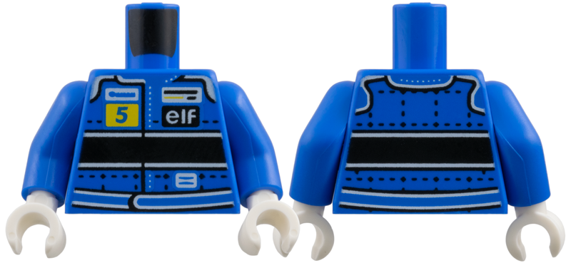 Torso Racing Suit with Black Stitching in Grid, Thick Horizontal Stripe, Number 5 on Yellow Background, Elf Logo and Belt Pattern / Blue Arms / White Hands