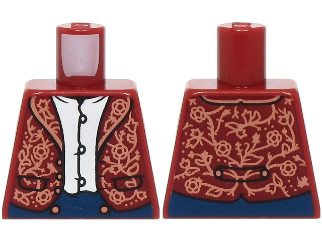 Torso Vest Open with Lapels, Pockets and Copper Filigree over White Shirt, Dark Blue Pants with Buttons Pattern