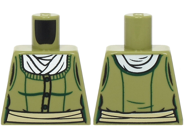 Torso Female Bodice with Dark Green Trim, Buttons and Contours, White Blouse, Tan Sash Pattern