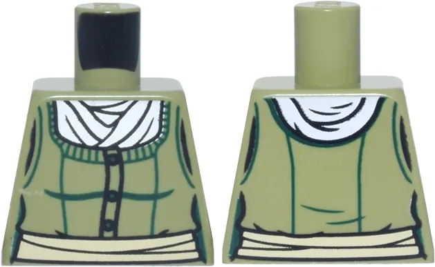 Torso Female Bodice with Dark Green Trim, Buttons and Contours, White Blouse, Tan Sash Pattern