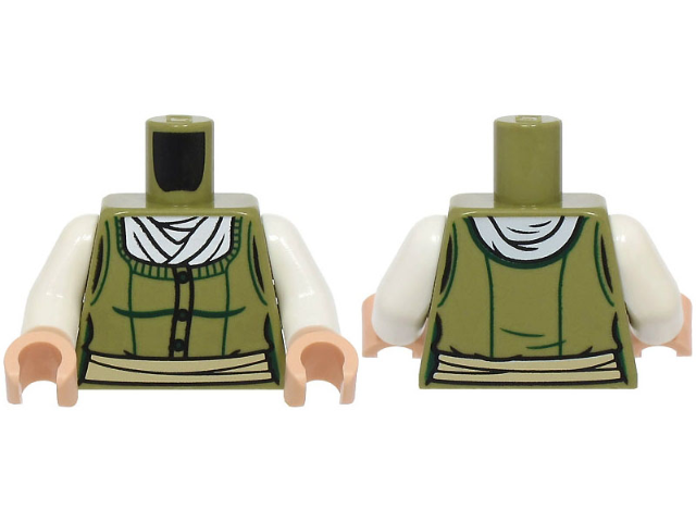 Torso Female Bodice with Dark Green Trim, Buttons and Contours, White Blouse, Tan Sash Pattern / White Arms / Light Nougat Hands