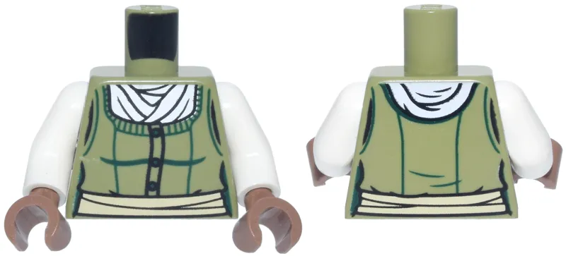 Torso Female Bodice with Dark Green Trim, Buttons and Contours, White Blouse, Tan Sash Pattern / White Arms / Medium Brown Hands