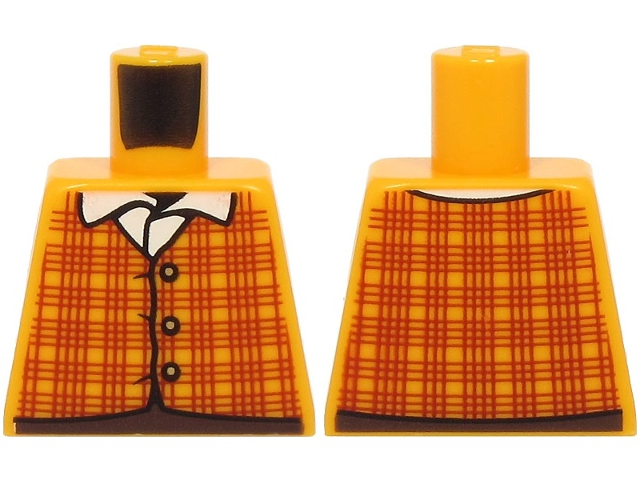 Torso Plaid Vest with Dark Red Lines and Gold Buttons over White Shirt with Collar, Dark Brown Pants Pattern