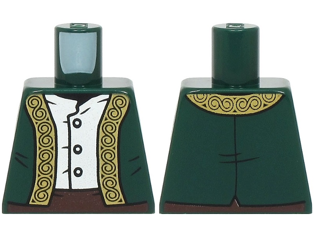 Torso Vest Open with Ornate Gold Trim over White Shirt, Dark Brown Pants Pattern