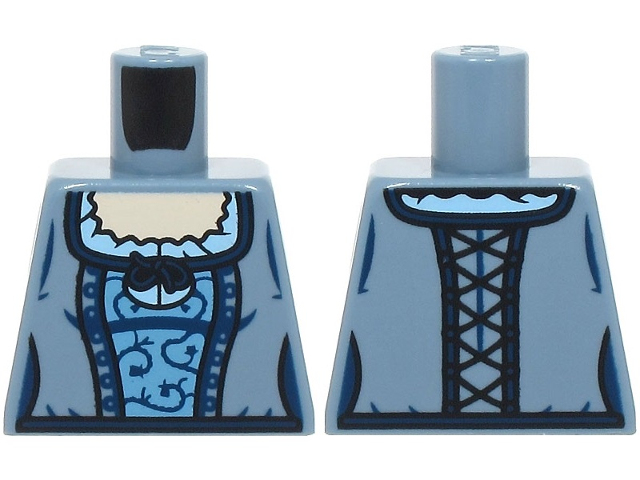 Torso Female Corset, Medium Blue Center Panel, Dark Blue Trim and Laces, Bright Light Blue Blouse, Light Nougat Neck Pattern