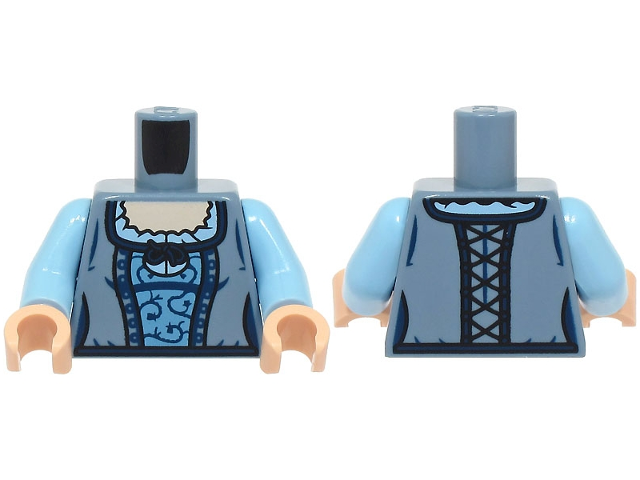 Torso Female Corset, Medium Blue Center Panel, Dark Blue Trim and Laces, Bright Light Blue Blouse, Light Nougat Neck Pattern / Bright Light Blue Arms / Light Nougat Hands