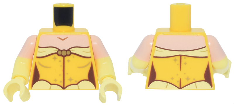 Torso Female Dress with Bright Light Yellow Trim, Gold Sparkles, Light Nougat Neck Pattern / Bright Light Yellow Arms with Molded Light Nougat Short Sleeves Pattern / Bright Light Yellow Hands