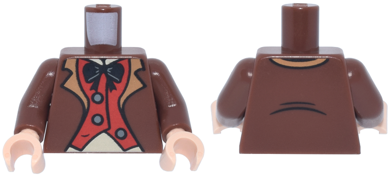 Torso Jacket Open, Medium Nougat Lapels, Red Vest, Dark Bluish Gray Buttons, Bright Light Yellow Shirt, Black Bow Tie Pattern / Reddish Brown Arms / Light Nougat Hands