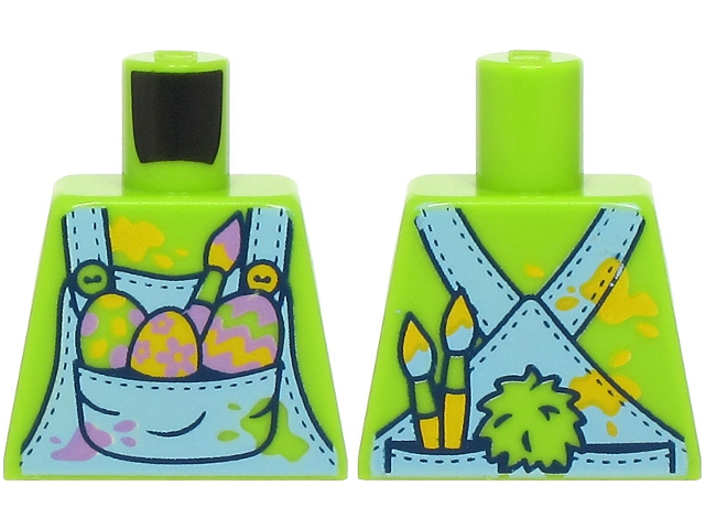 Torso Bright Light Blue Overalls with Decorated Eggs and Paint Brush in Pocket, Bright Light Orange and Medium Lavender Spots Pattern (BAM)