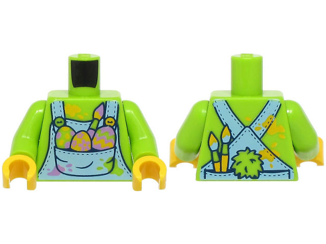 Torso Bright Light Blue Overalls with Decorated Eggs and Paint Brush in Pocket, Bright Light Orange and Medium Lavender Spots Pattern (BAM) / Lime Arms / Yellow Hands