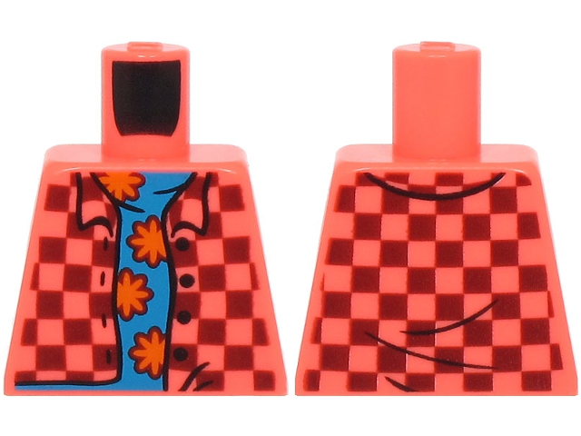 Torso Plaid Shirt Open with Collar, Buttons and Dark Red Squares over Dark Azure Shirt with Orange Flowers Pattern (BAM)