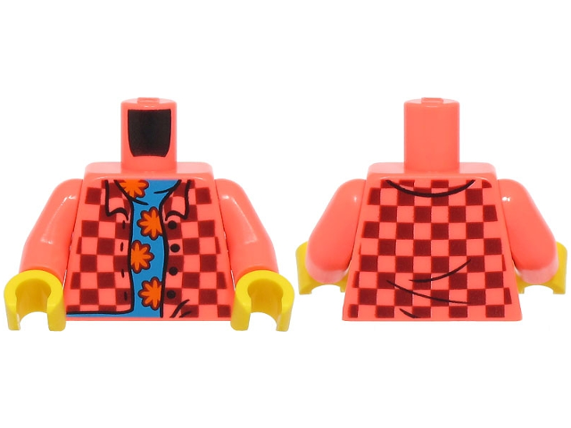 Torso Plaid Shirt Open with Collar, Buttons and Dark Red Squares over Dark Azure Shirt with Orange Flowers Pattern (BAM) / Coral Arms / Yellow Hands