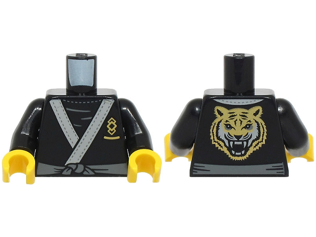 Torso Tunic with Light Bluish Gray Trim and Symbol with Gold Squares, Dark Bluish Gray Sash, Tiger Head on Back Pattern (BAM) / Black Arms / Yellow Hands