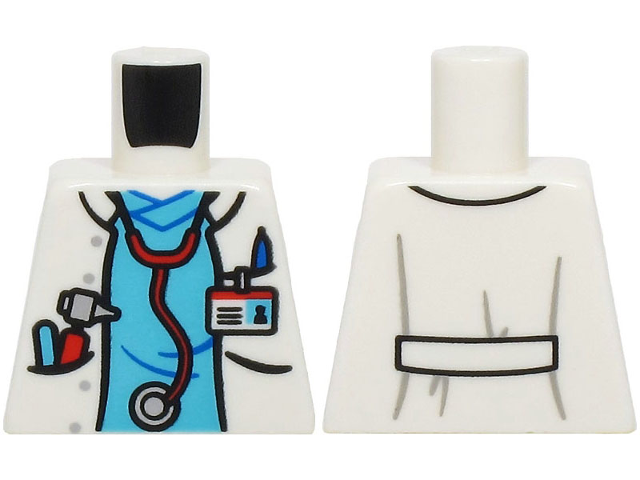 Torso Hospital Lab Coat Open, Medium Azure Scrubs, Red and Silver Stethoscope, ID Badge, Otoscope and Pen in Pockets Pattern (BAM)