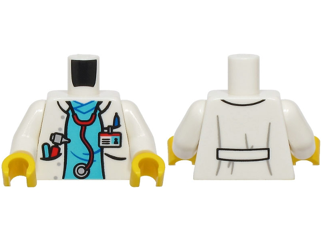 Torso Hospital Lab Coat Open, Medium Azure Scrubs, Red and Silver Stethoscope, ID Badge, Otoscope and Pen in Pockets Pattern (BAM) / White Arms / Yellow Hands