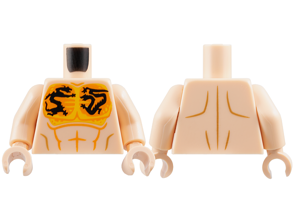 Torso Bare Chest, Orange, Bright Light Orange and Black Dragon Tattoos, Medium Nougat Muscle Contours Pattern / Light Nougat Arms / Light Nougat Hands