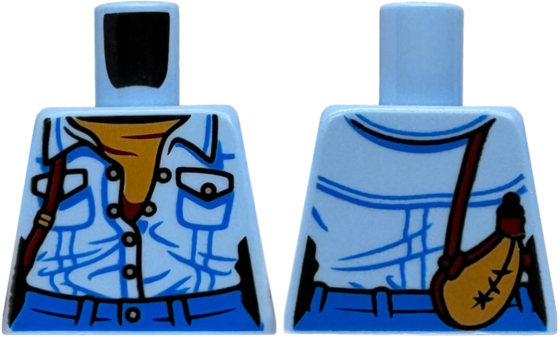 Torso Female Denim Shirt Partially Open, Medium Nougat Undershirt, Canteen with Dark Red Strap, Blue Pants Pattern