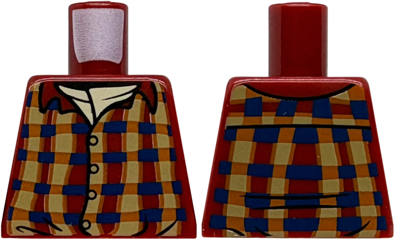 Torso Dark Tan, Dark Blue and Dark Orange Plaid Shirt with Collar and Buttons, Tan Undershirt Pattern