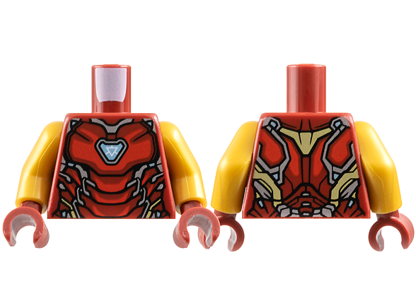 Torso Armor with Thick Red Markings, Metallic Light Blue Triangular Arc Reactor, Silver and Gold Trim Pattern / Pearl Gold Arms / Dark Red Hands