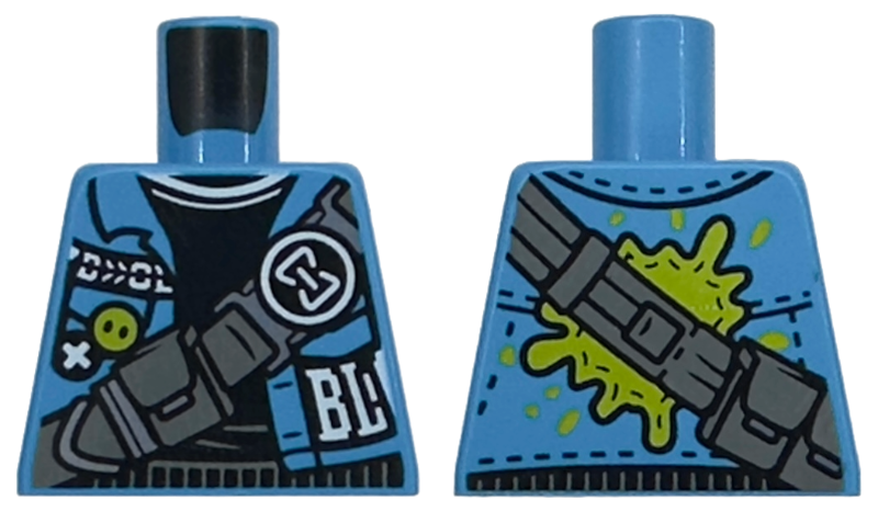 Torso Jacket Open, White 'BL', Black Sweater, Dark Bluish Gray Strap with Pouches, Hourglass Buckle Pattern