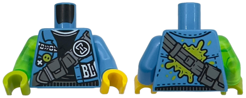 Torso Jacket Open, White 'BL', Black Sweater, Dark Bluish Gray Strap with Pouches, Hourglass Buckle Pattern / Dark Azure Arm Left / Trans-Bright Green Arm Right / Yellow Hand Left / Lime Hand Right