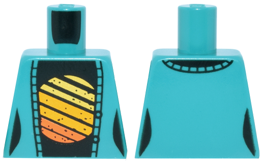 Torso Female Cardigan Sweater Open, Black Shirt with Yellow, Bright Light Orange and Orange Striped Sun Pattern