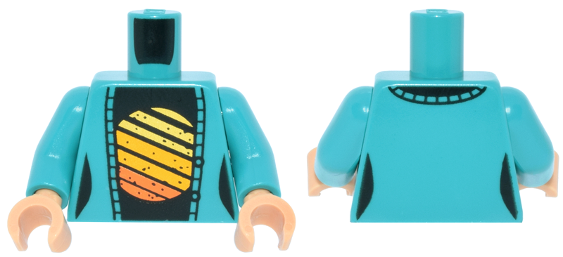 Torso Female Cardigan Sweater Open, Black Shirt with Yellow, Bright Light Orange and Orange Striped Sun Pattern / Dark Turquoise Arms / Medium Tan Hands