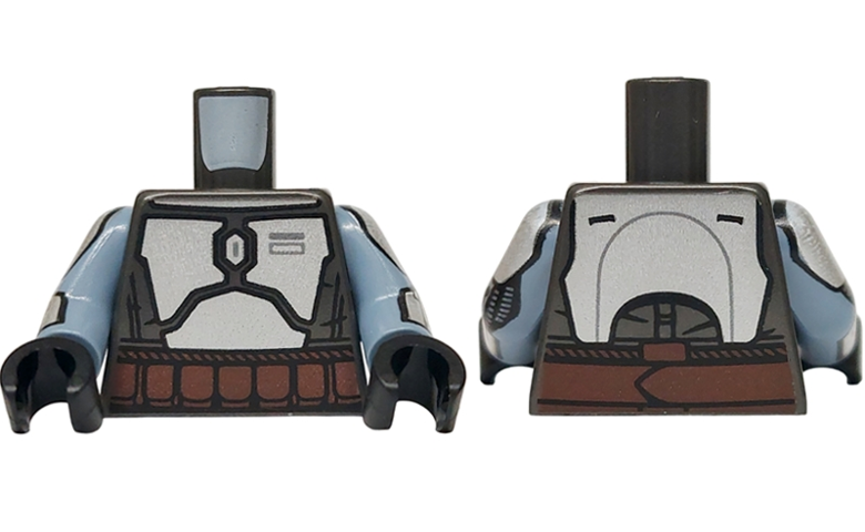 Torso SW Mandalorian Silver Armor Plates, Dark Brown Belt with Rope Edges and Pouches Pattern / Sand Blue Arms with Silver Shoulders, Armor Plates, Cuffs and Hoses Pattern / Black Hands
