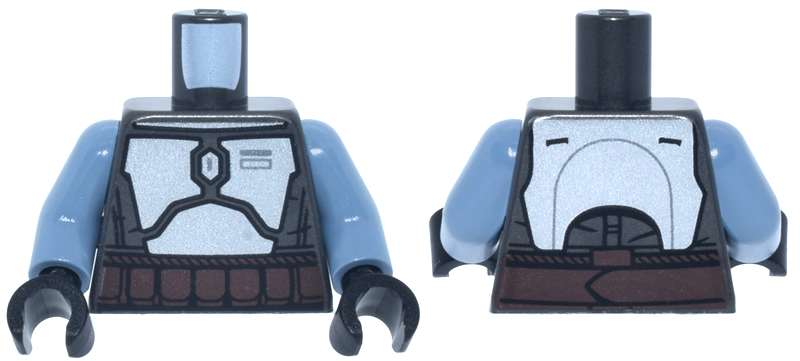 Torso SW Mandalorian Silver Armor Plates, Dark Brown Belt with Rope Edges and Pouches Pattern / Sand Blue Arms / Black Hands