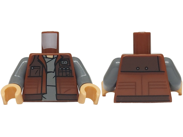 Torso Jacket with Pockets and Badges over Dark Bluish Gray Shirt, Dark Brown Hem and Panels, Medium Tan Neck Pattern / Dark Bluish Gray Arms / Medium Tan Hands