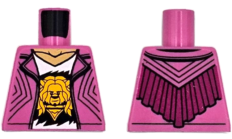 Torso Jacket Open, White V-Neck Shirt with Bright Light Orange Lion Head, Medium Tan Neck, Magenta Fringe on Back Pattern