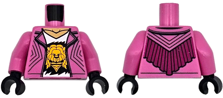 Torso Jacket Open, White V-Neck Shirt with Bright Light Orange Lion Head, Medium Tan Neck, Magenta Fringe on Back Pattern / Dark Pink Arms / Black Hands