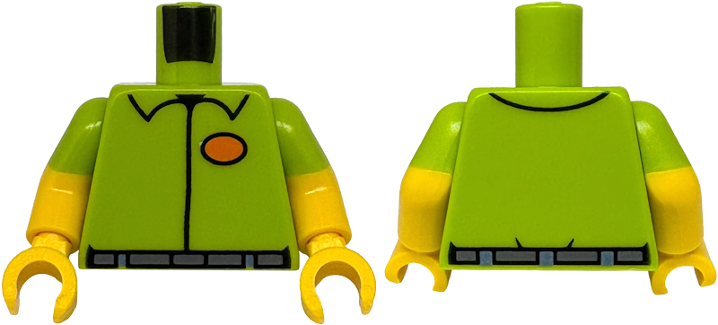 Torso Shirt with Collar, Orange Oval, Dark Bluish Gray Belt, Sand Blue Belt Loops Pattern / Yellow Arms with Molded Lime Short Sleeves Pattern / Yellow Hands